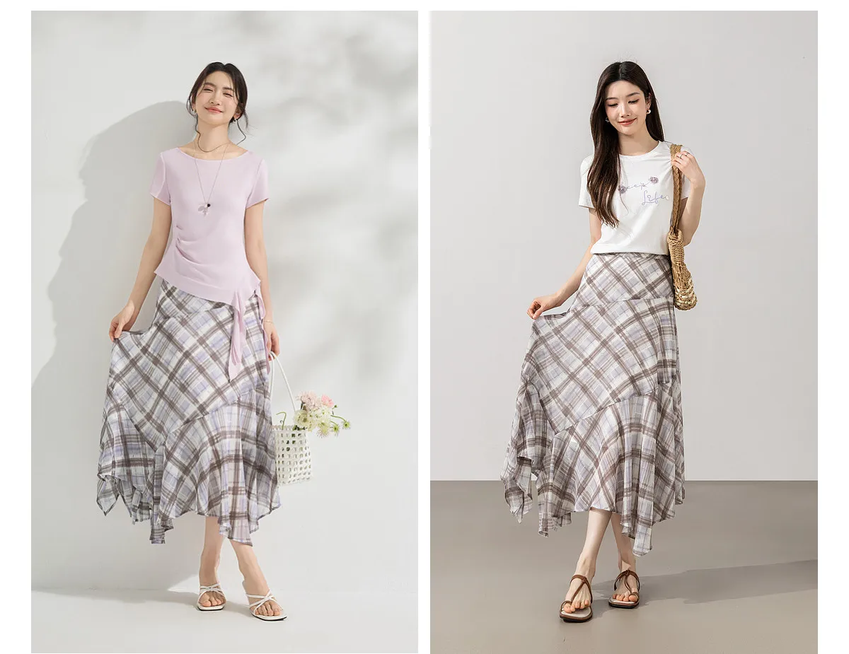 SENTUBILA Damen Sommer Karierter Rock 2026 Neuer Unregelmäßiger Gelber Langer Meerjungfrauenrock Damenkleidung Alltagsoutfit 162QK7007 – Detail 8