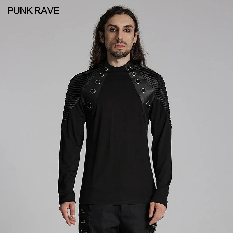 PUNK RAVE Men's Punk Power Sense Shoulder 3D Pleating Personalized Rivets Long T-shirt Handsome Cool Male Tees Tops Streetwear