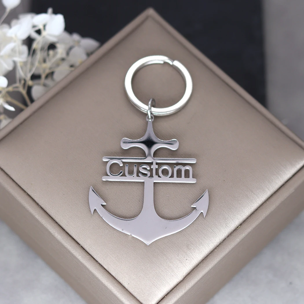 QIMING Custom Name Boat Anchor Keychain For Men Stainless Steel Customized Pendant Key Ring Personalized Jewelry Birthday Gift