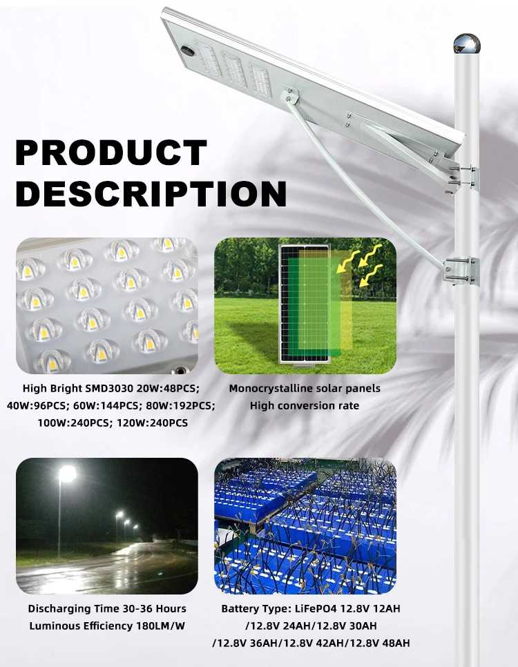 80W 100W IP65  Battery Power Panel Lights System Outdoor Dimmable Integrated LED Solar Street Light
