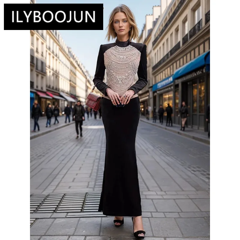 Hit Color Spliced Diamonds Elegant Dresses For Women 2024 Luxury Brand Half High Collar Long Sleeve Slimming Dress Female