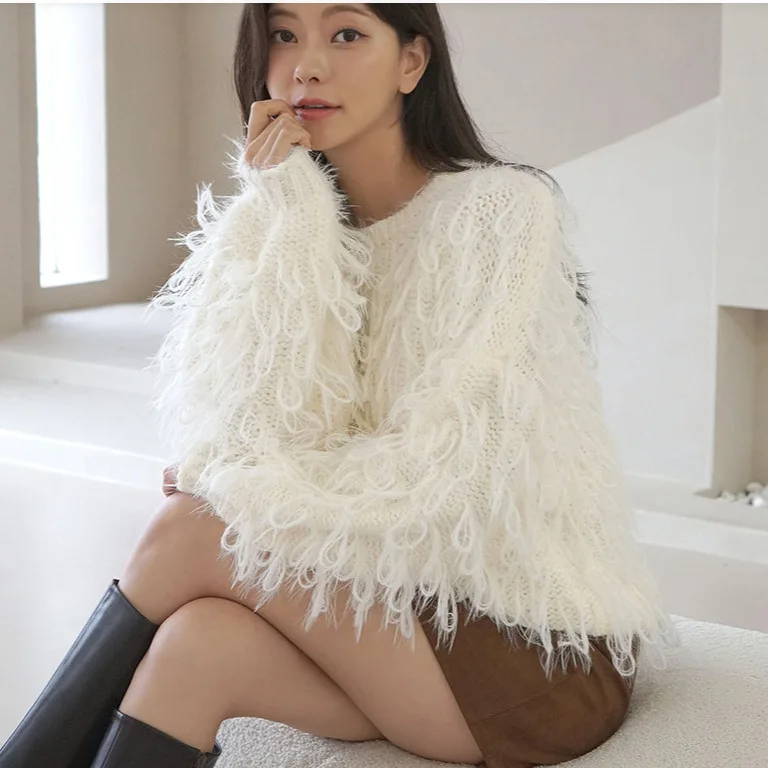 KUSAHIKI Autumn Winter Base Shirt Fashion Knitted Sweater Top Causal Short Tassel Pullover Knitwear