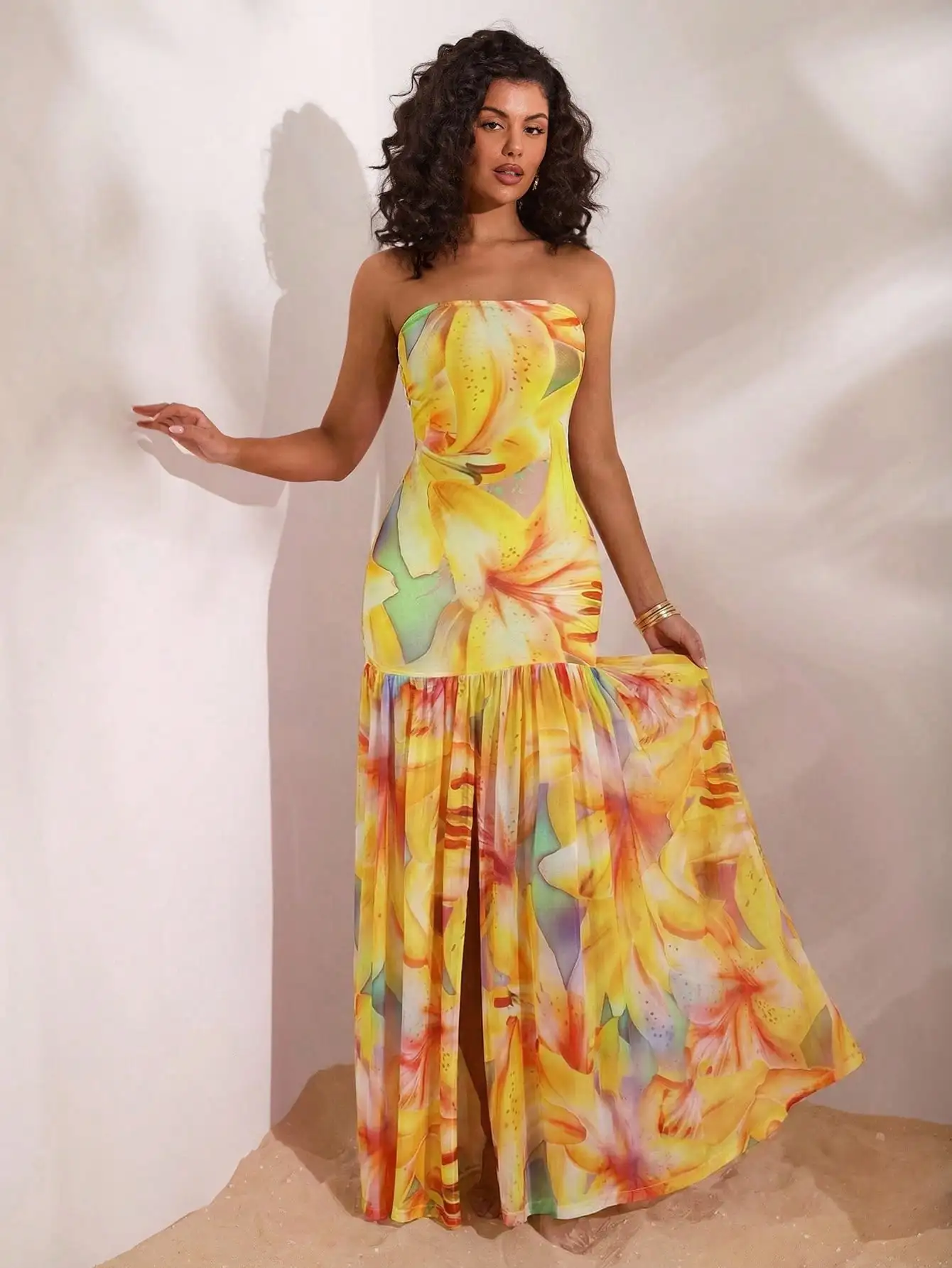 

Sun-Kissed Floral Strapless Maxi Dress With Side Slit For Women, Beach Wedding Guest Boho Vacation Gown, Flowy Long Evening
