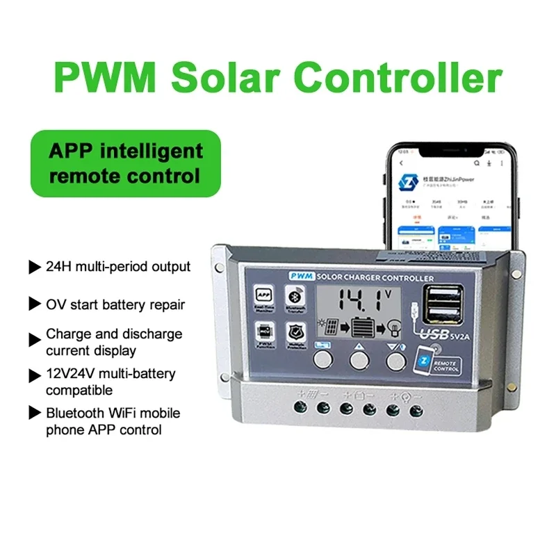 Solar Charge Controller bluetooth WIFI 12V 24V 0V Start Repair PWM Solar Controller Auto Dual USBCharger LCD Digital Display