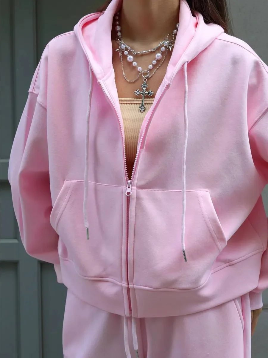 Women's 2 Piece Loungewear Set, Zip Up Hoodie and Wide Leg Pants, Oversized Casual Sweat Suit for Daily Wear view 4