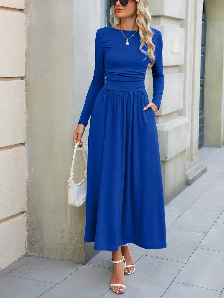 

Royal Blue Long Sleeve Maxi Dress with Pleated Skirt and Round Neck