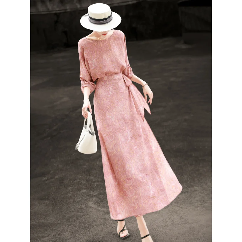 

MEXCOCO 2026 Summer New French Style Printed Dress One Piece Tie Waist Midi Elegant Women Dress