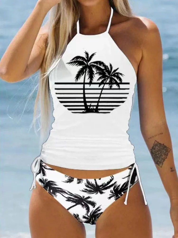 Biquíni feminino maiô 2025 nova impressão halter design biquinis conjunto sexy rendas até banho de verão 2 peça conjunto beachwear maiô
