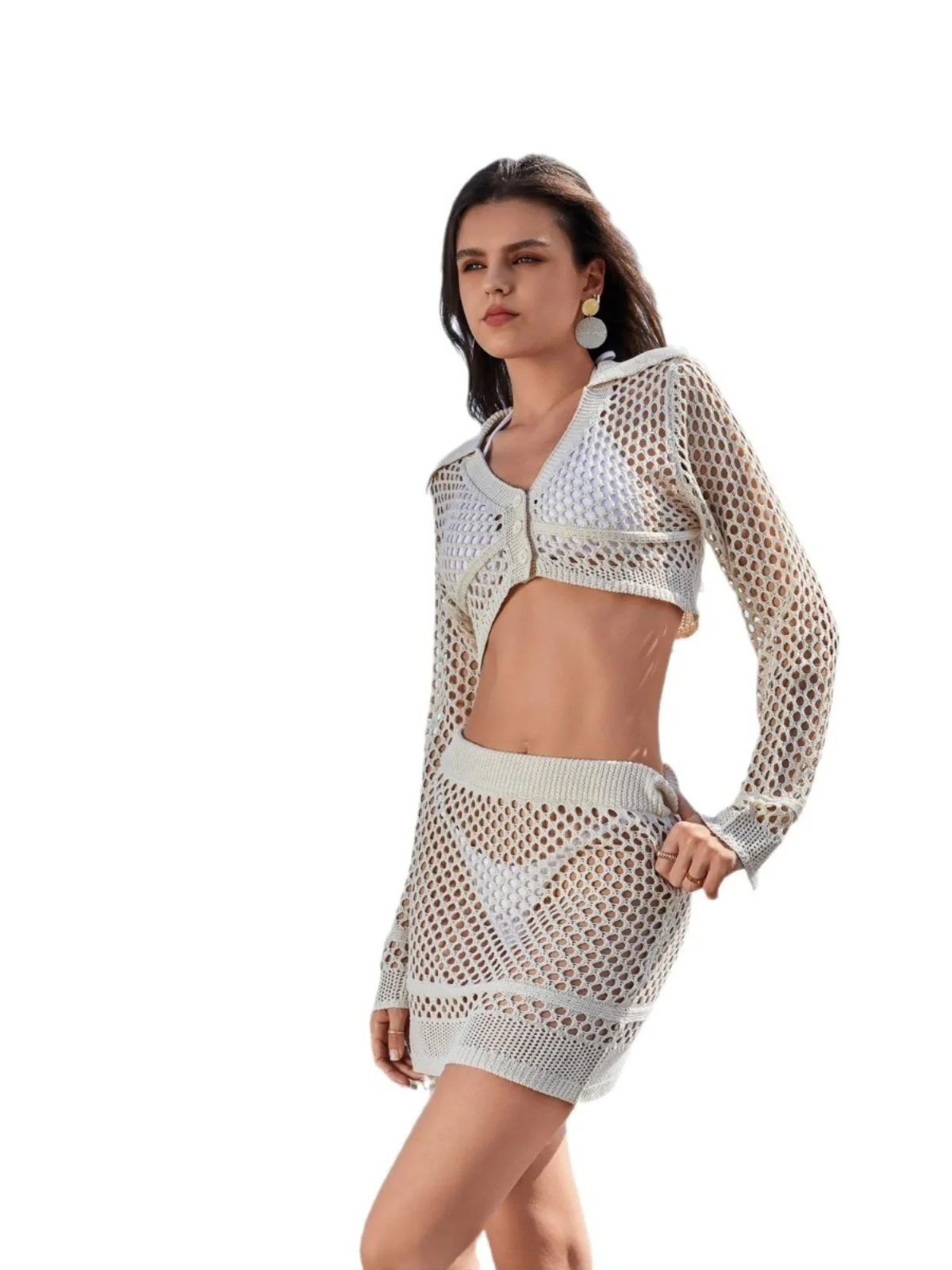 Costume da bagno bikini da spiaggia lavorato a maglia sexy Protezione solare Set in due pezzi Chiusura lunga con bottoni Sve V-Ne per età 8-25 Primavera Faion