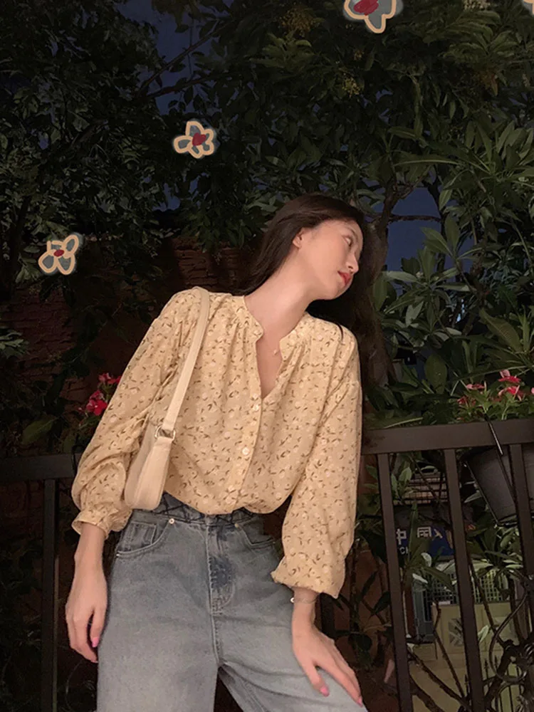 Top lungo in chiffon con stampa floreale irt da donna retrò Hong Kong Sle primavera autunno nuovo design Fairy Faion