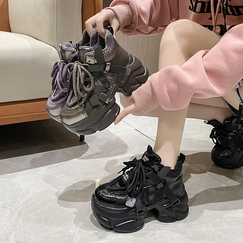 Winter Women Chunky Warm Fur Sneakers 8CM High Platform Sports Dad Shoes Woman Bling Leather Casual Snow Shoes Zapatillas Mujer