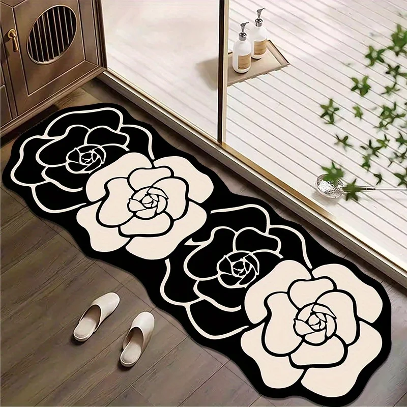 

1PC Camellia Flower Pattern Living Room Rugs Irregular Bedroom Carpet Black and White Decorative Carpet Short Velvet Soft Rugs