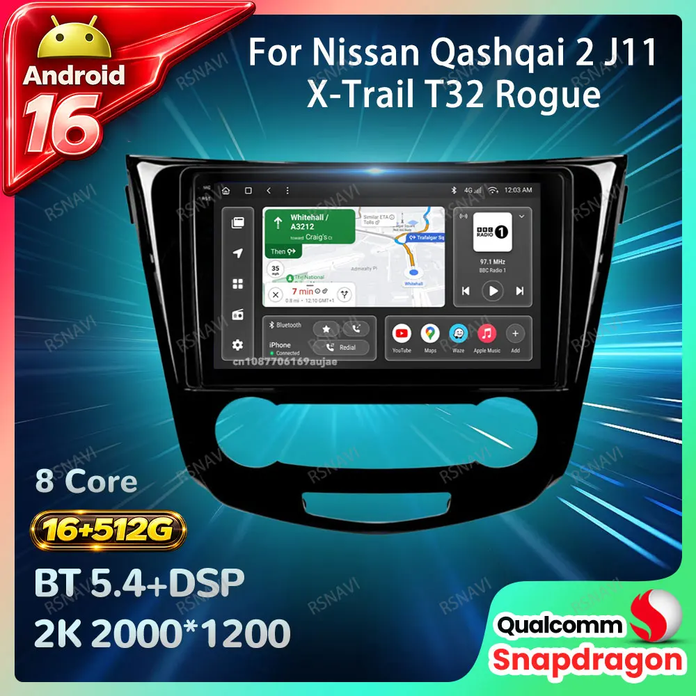Radio para Auto Android 16 para Nissan Qashqai 2 J11 X-Trail T32 Rogue 2013-2021, Unidad Principal con GPS, Carplay Inalámbrico, Autoradio, DVD, QLED