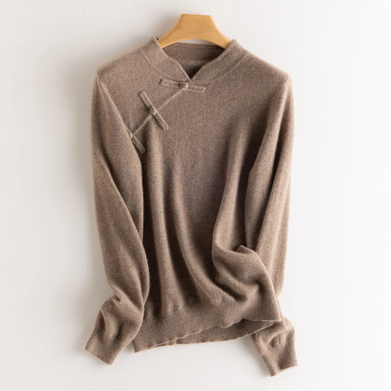 Autunno/Inverno da donna Nuovo maglione lavorato a maglia Top 100% cashmere di capra cinese colletto Pan pullover maglione a maniche lunghe tinta unita