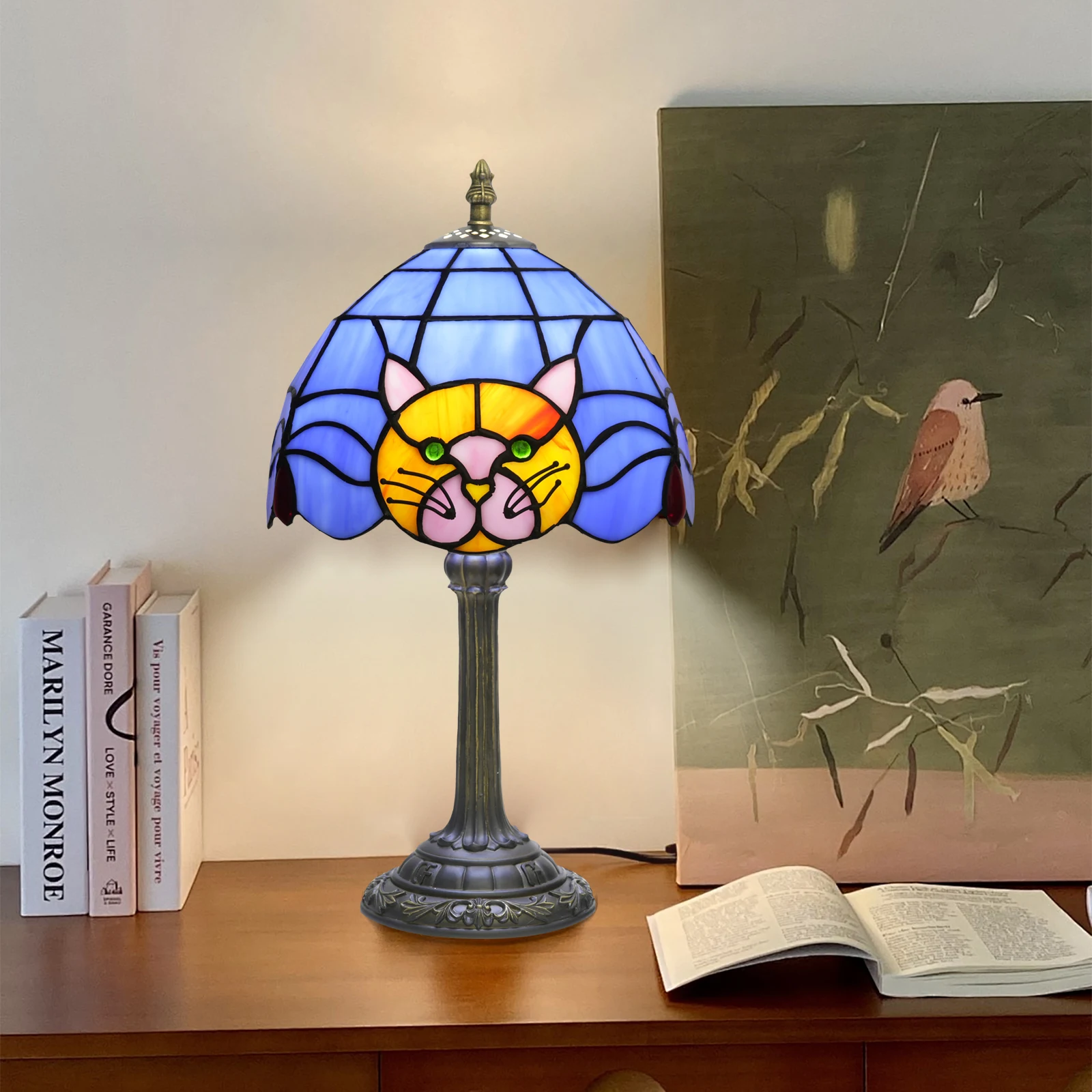 Stained Glass Lamp Small Bedside Table Lamps for Living Room Home Decor, Girls Women Birthday Thanksgiving Day Gift, Blue Cat