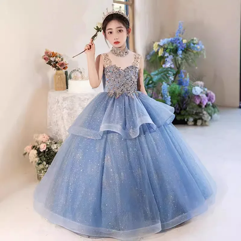 Blue Halter Sleeveless Girls' Dress Luxurious Niche Flower Girl Performance Dress Children's Birthday Puffy Tulle Princess Dress