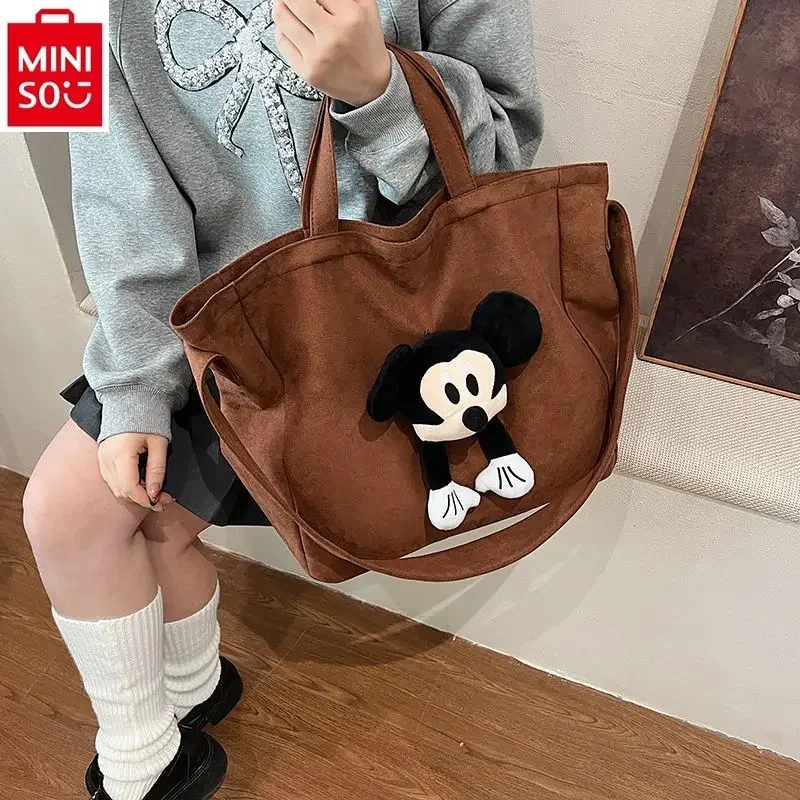 Tas Tote boneka Mickey, tas Tote kapasitas besar untuk wanita, modis dan santai, tas tangan MINISO Disney kartun Mickey Doll