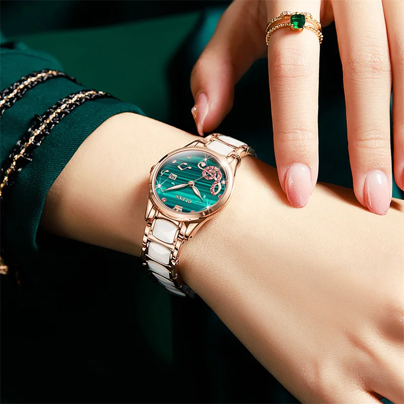 OLEVS Green Note Dial Fashion Quartz Watches Women Luxury Top Brand Ceramic Rhinestones Ladies Wrist Watch Relogio Feminino