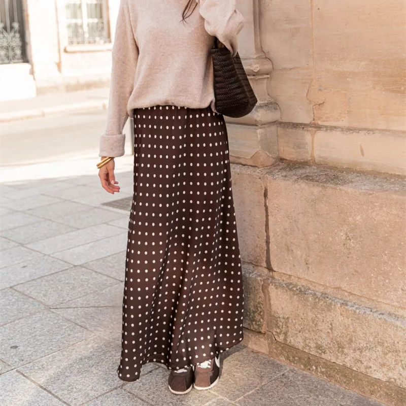 Femmes été élégant soyeux Y2k Vintage à pois imprimé pure dentelle florale garniture ourlet Patchwork Satin soie a-ligne jupes longues