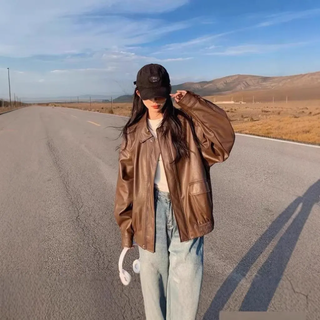 레트로 브라운 가죽 재킷 여성용 숏 스타일 봄 가을 작은 사이즈 한국 버전 루즈 바이커 코트