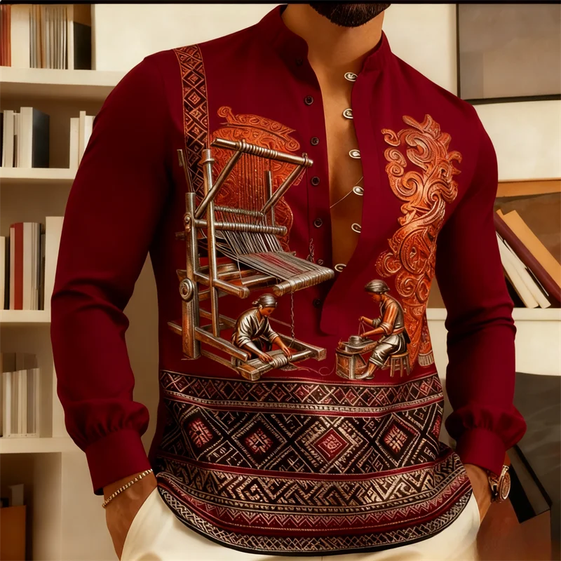 男性の伝統的な民族衣装のシャツ |   3D織りアートプリント |   中国風の立ち襟長袖 |   お祭り/オフィス文化 フォーマル/カジュアル