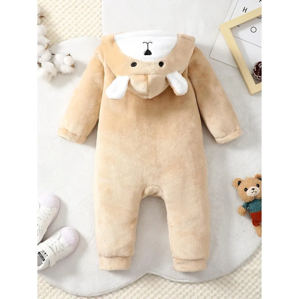 

Newborn Baby Boy Plush Romper Long Sleeved Hooded Baby Onesie with Cute Ears Winter Warm Clothing Bodysuit for Infant 0-18Month