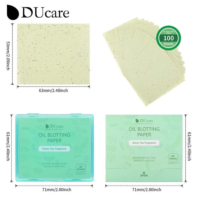 DUcare Oil Blotting Sheets for Face, 100Pcs Green Tea Oil Absorbing Sheets Paper For Oily Skin with Mirror Case & Makeup Puff