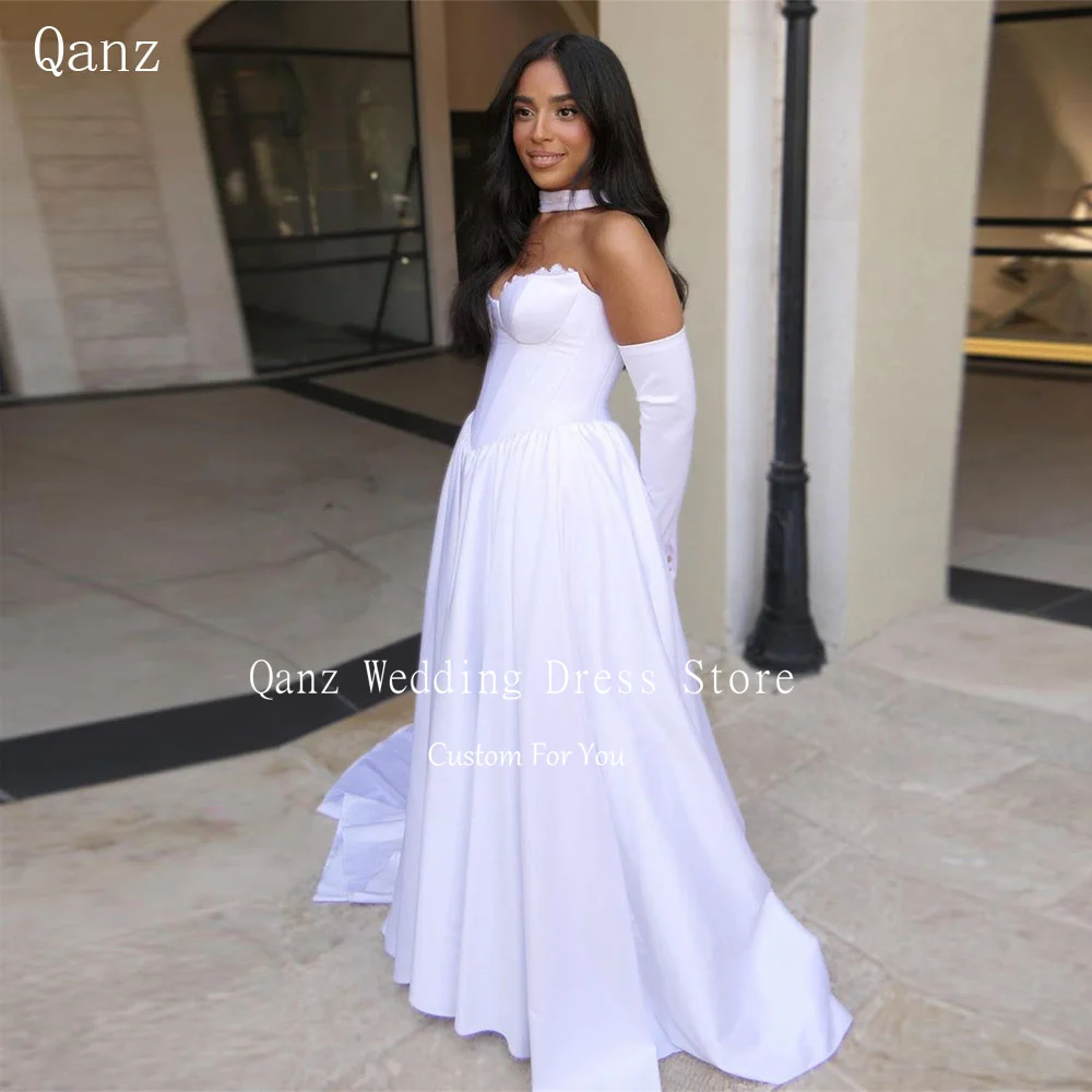 

Qanz White Vintage Wedding Dress Strapless Soft Satin Long A Line Vestido De Novia Boda Civil Lace Up Back Bridal Gowns 2024