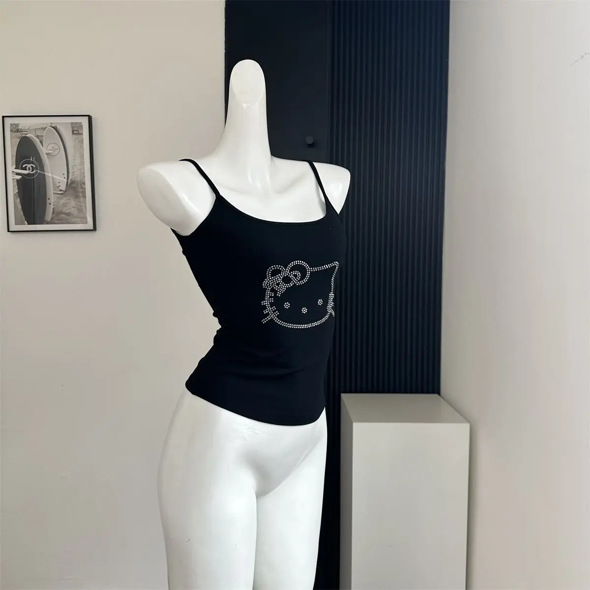 Pure Desire Wind Heavy Industry Hot Diamonds Cute Hello Kitty Slimming Tank Top Slim Fit Versatile with Chest Pads Sexy Top