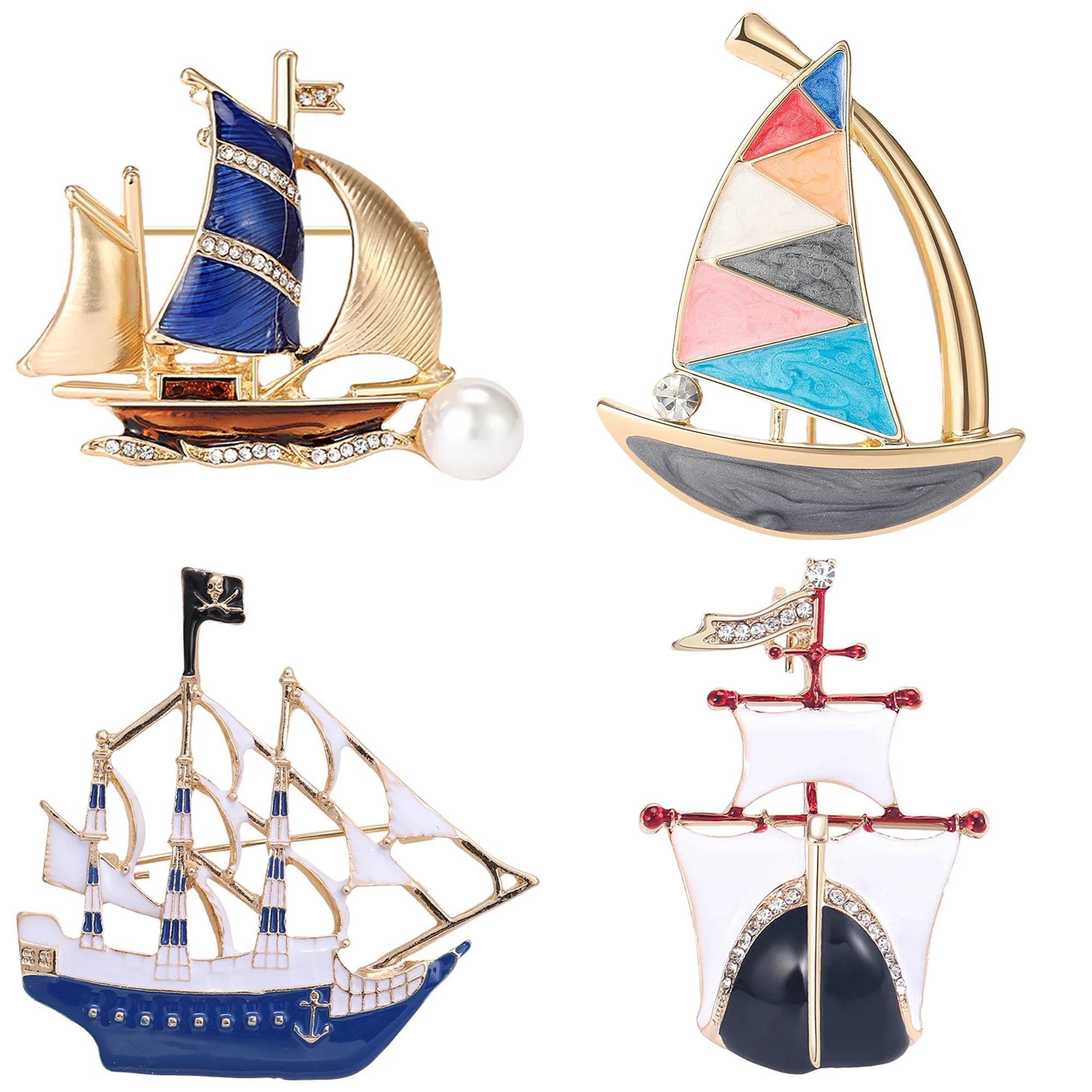 Enamel Sailing Boat Brooches for Women Unisex Pearl Ship Sea Transport Pins Office Party Friend Gifts Accessories