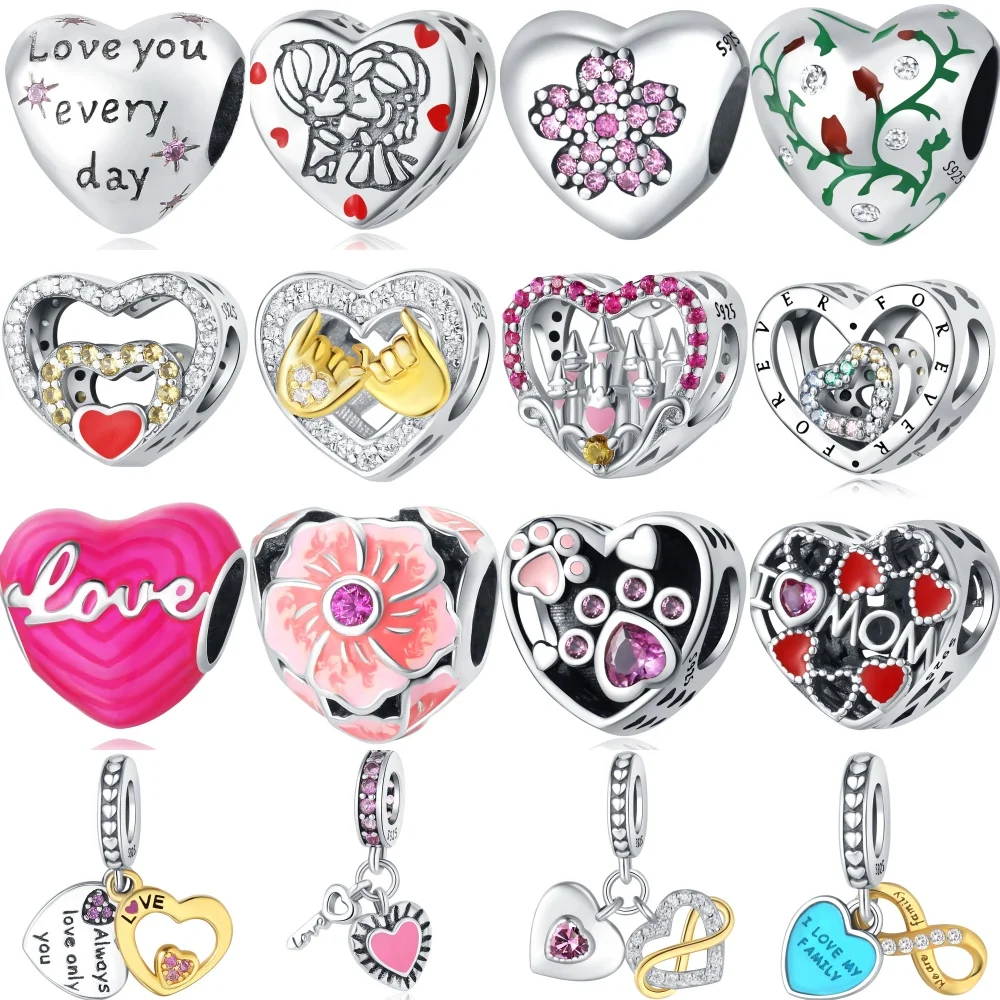 Romantic Heart Shaped Série Encantos, Beads Fit Pulseiras Desgaste Original, S925 Sterling Silver, DIY Jóias Presente Acessório, Hot, 925