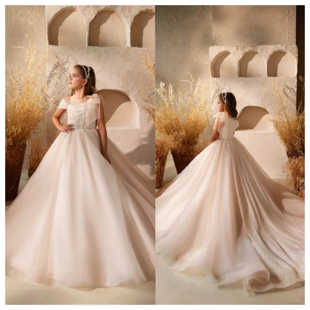 Flower girl dress custom-made light luxury mesh hot diamond sequin A-line tail dress 2025 first communion dress wedding dress