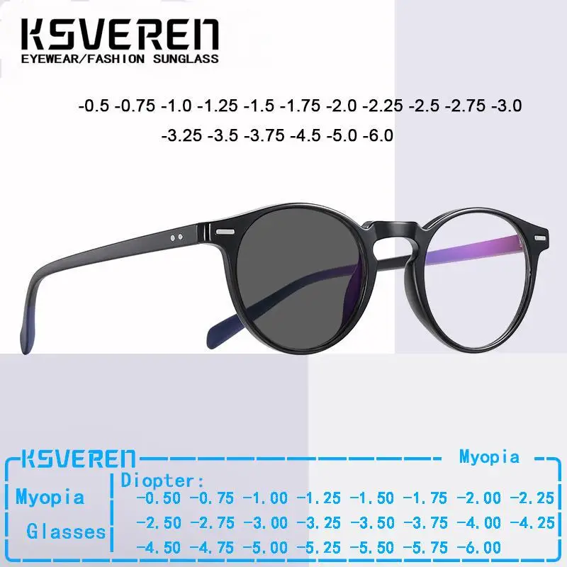 

KSVEREN TR90 Round Frame Photochromic Myopia Glasses Luxury Designer Women Men Nearsighted Eyelasses 0 -0.5 -0.75 -1.25 To -6.0