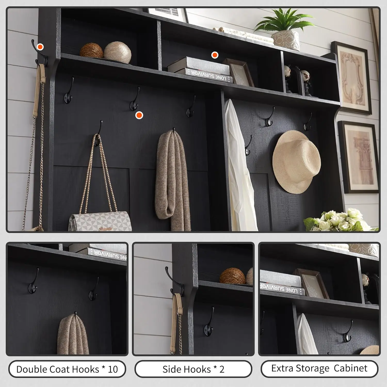 Farmhouse Entryway Bench with Coat Rack, 20 Shoe Cubbies & 12 Coat Hooks, 59" Wide Hall Tree with Shoe Storage Bench