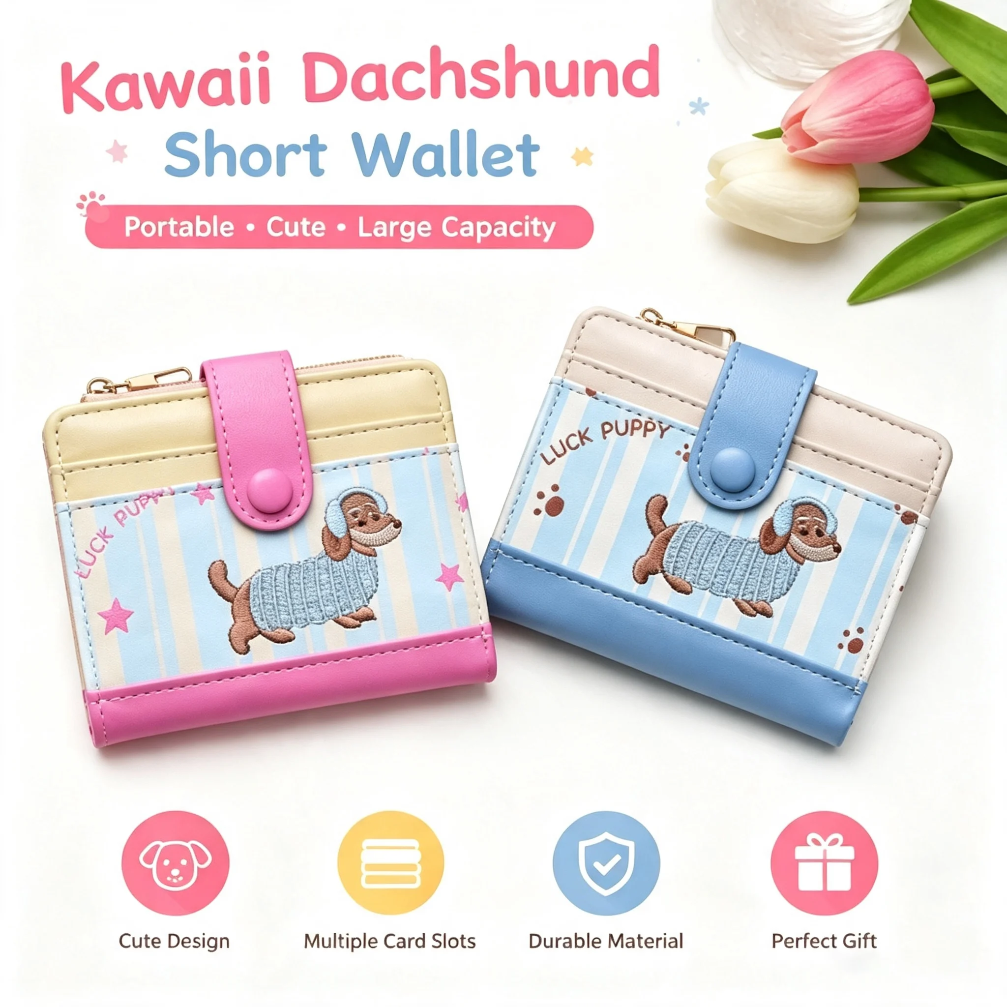 Embroidery Wallet - Portable Kawaii Dachshund Embroidery Short Wallet