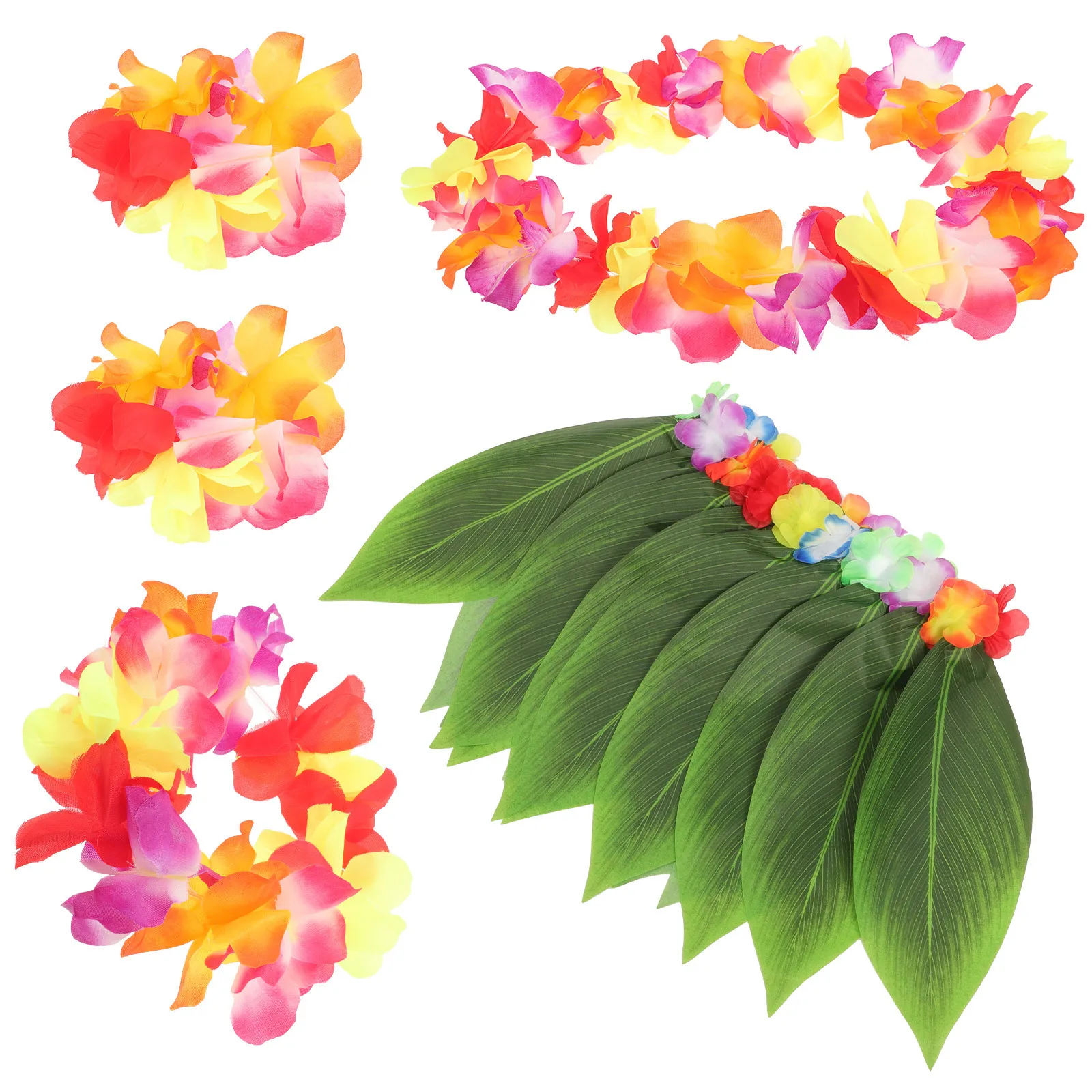 

5Pcs Leaf Skirt Hawaii Flower Green Hula Skirt Tropical Party Costume Garland Wristband Hair Decor for Hawaiian Luau Events