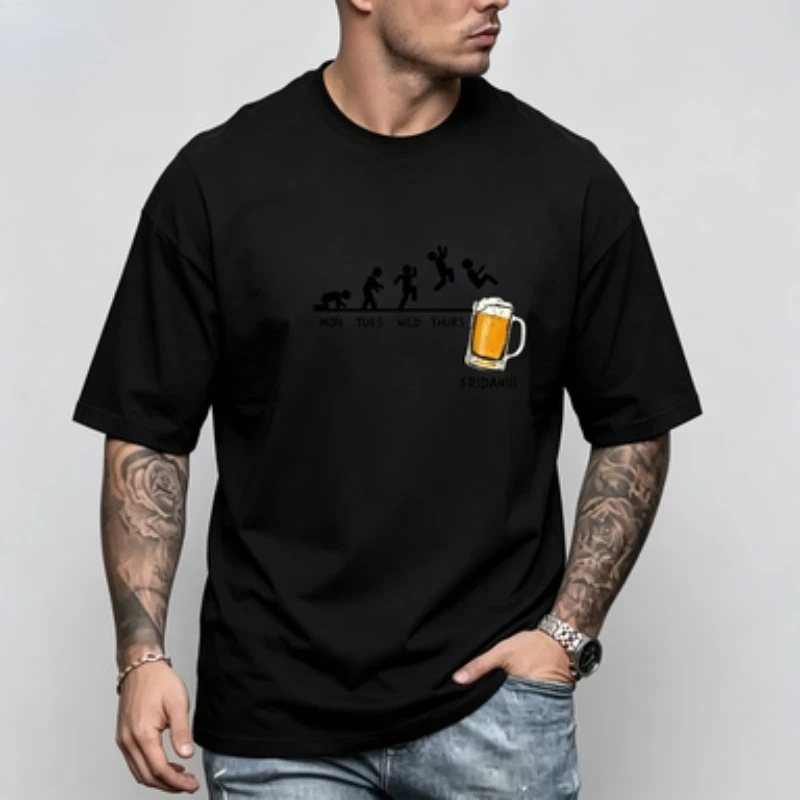 100% Cotton Men Round Neck T Shirt, Mon Tues Wed Thurs Friday Beer Funny Weekly Routine Print Casual Mens Tee 6 Colors