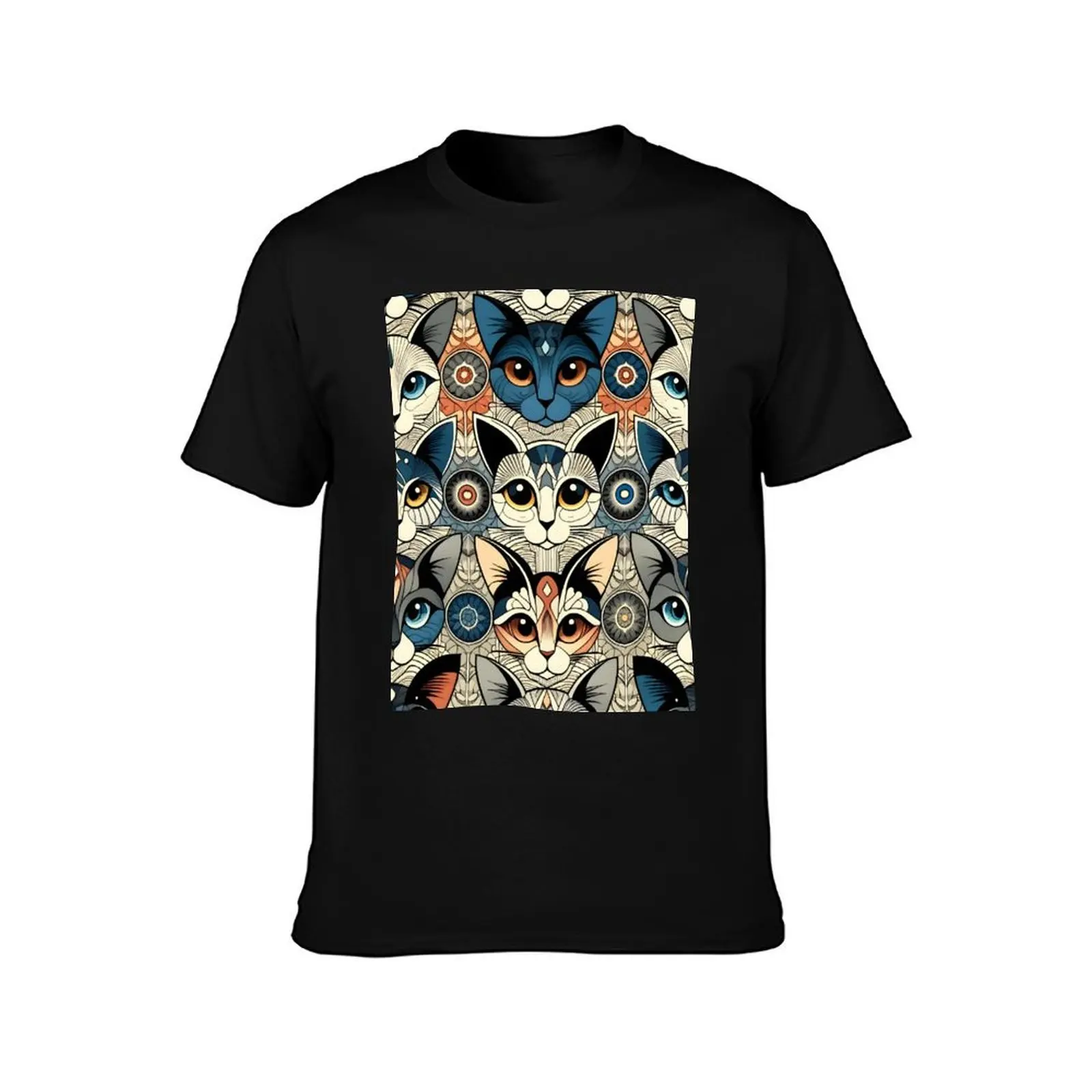 Folk Art Cat Illustration - Whimsical Feline Pattern Artwork T-Shirt Summer Casual Cotton Tee Oversized Streetwear Tops