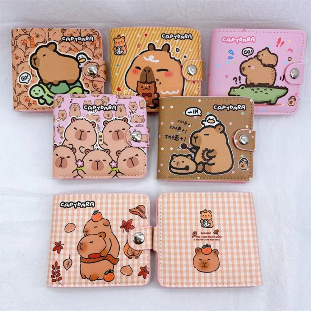 Cartera de capibara de dibujos animados, monedero corto plegable, monedero bonito de cuero PU, Mini tarjetero con botones