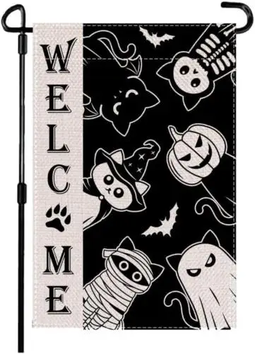 12X18Inch Halloween Welcome Cat Boo Garden Flag, Trick or Treat Yard Flag,Black