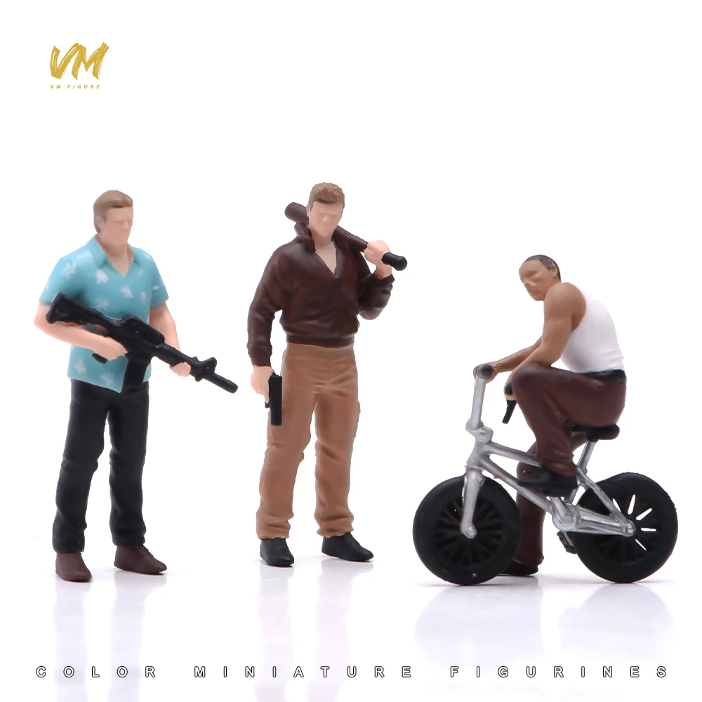 AliExpress MAK Painted Miniature 1/87 1/64 1/43 1/24 1/18 Road Gangs Cycling Gun Possession Men Mini Doll Figure 3D Diorama Street Scene Props