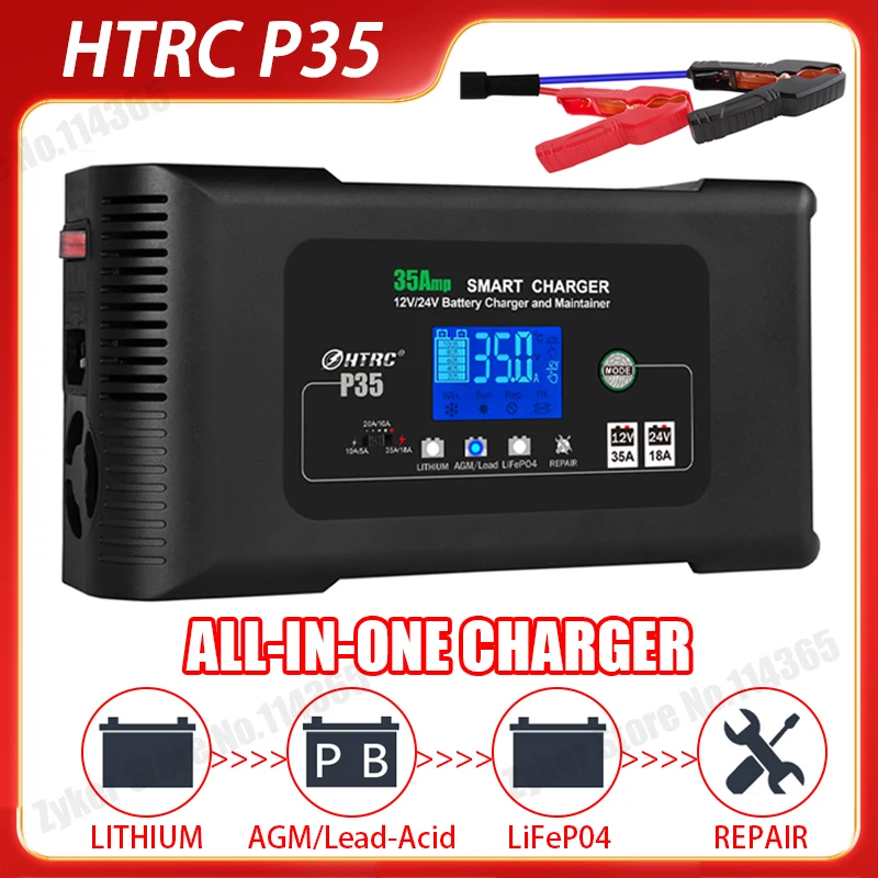 

HTRC Large Power 35A 12V 24V Car Battery Charger for Auto Moto Truck Motorcycle AGM Lead Acid PB GEL LCD Display Smart Charging