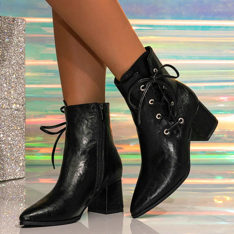 

Eilyken модный дизайн ботильоны на квадратном каблуке с перекрестными ремешками женские туфли с острым носком на молнии весенне-осенние ботильоны