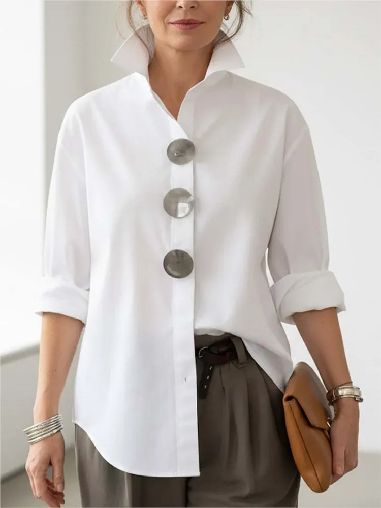 Atasan Kemeja Longgar Polos Kasual Wanita Kemeja Kerah Mode Musim Semi Musim Panas Blus Lengan Panjang Atasan Kancing Logam Blus Wanita Kantor