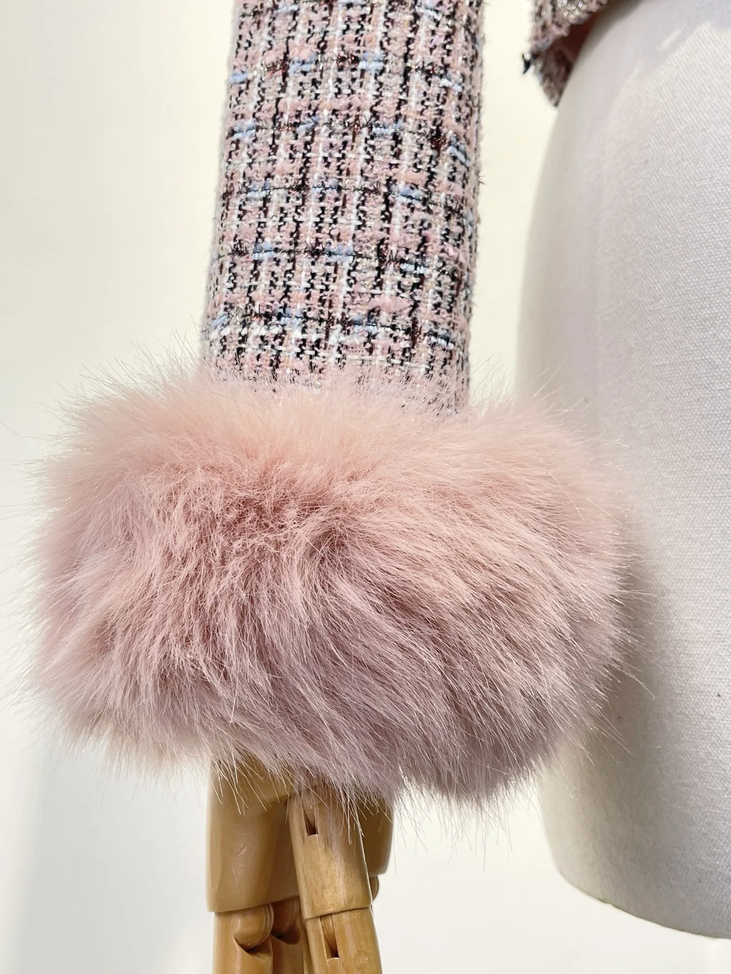 

Women's Fashion Top Quality Violet Purple Feathers Long SleeveTweed Jacket Tops and Mini Skirt Set