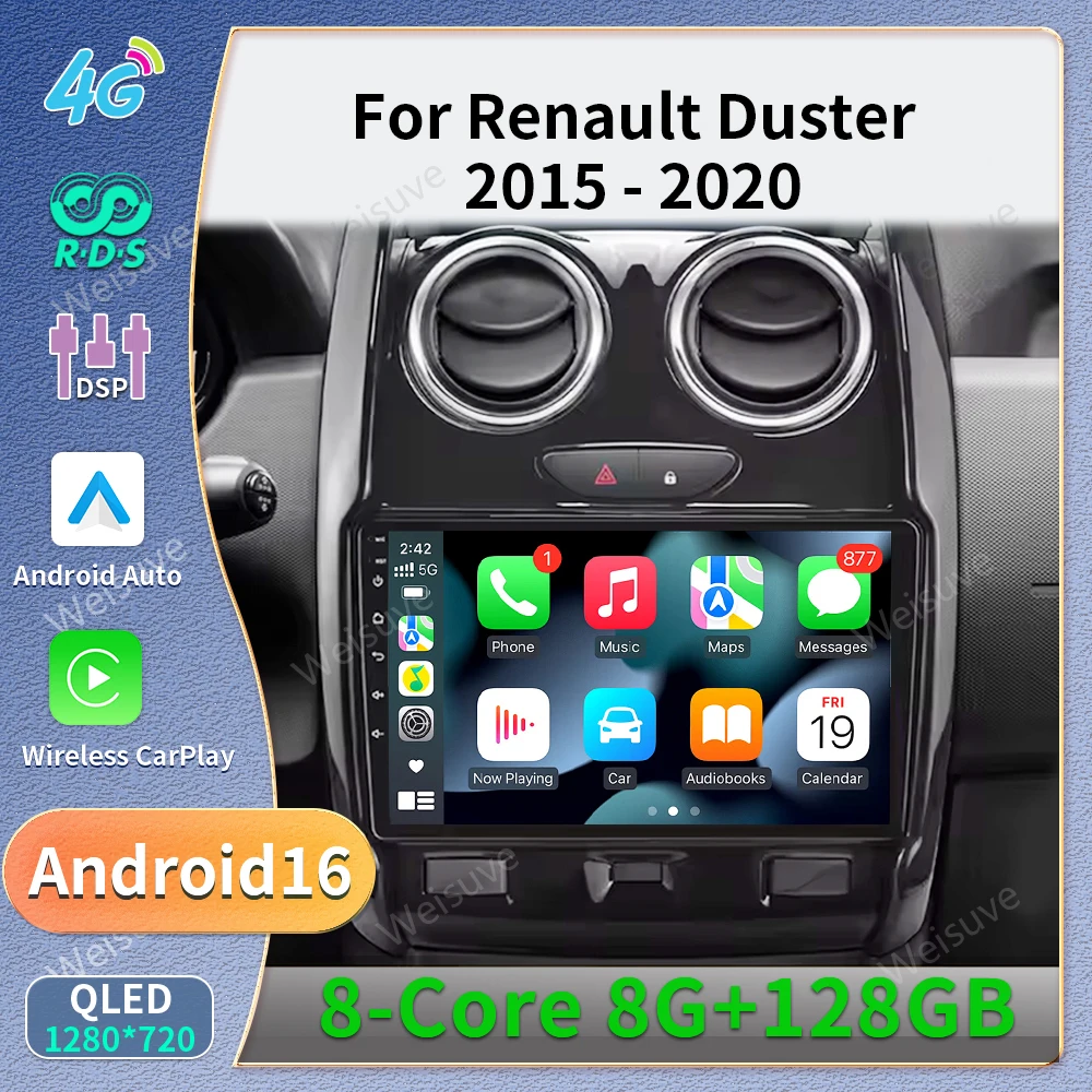 Radio Multimedia con Navegación para Renault Duster D 2015 2016 2017 2018 2019 2020 y Lada Largus 2021, Compatible con Android Auto