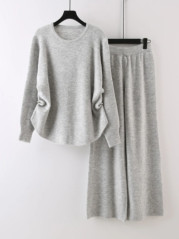 Casual Knited Two-piece Set Women O-neck Long Sleeves Loose Sweaters With Elastic High Waist Wide Leg Pants