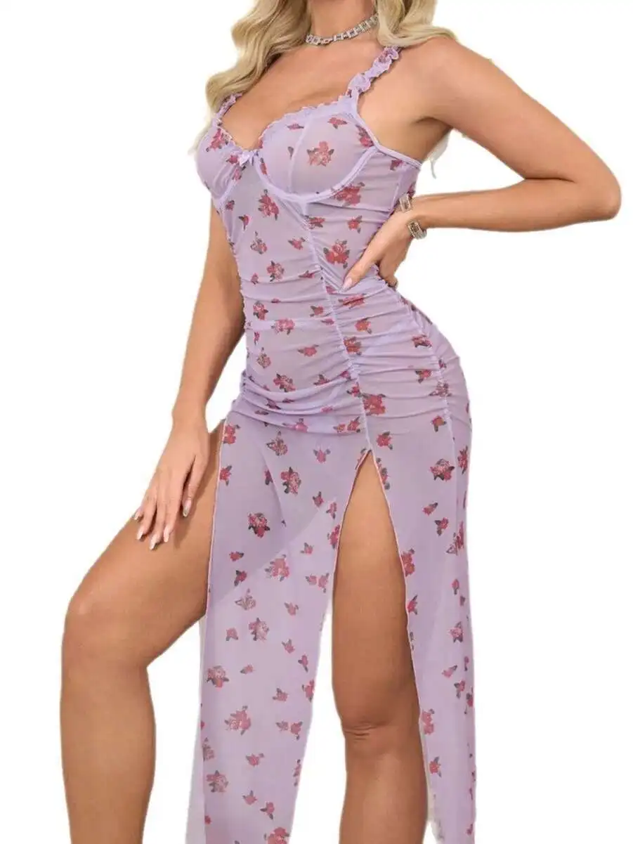 Robe dos nu à bretelles en V profond, sans manches, demi-transparente, imprimé floral, Style désir pur, robe élégante et charmante, 5AAU