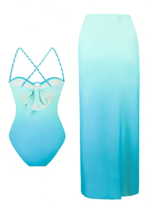 New One Piece Gradient Swimsuit Female High Leg Cut Bather Bathing Suit Swim With Skirt Underwired Cross Back Women Swimwear