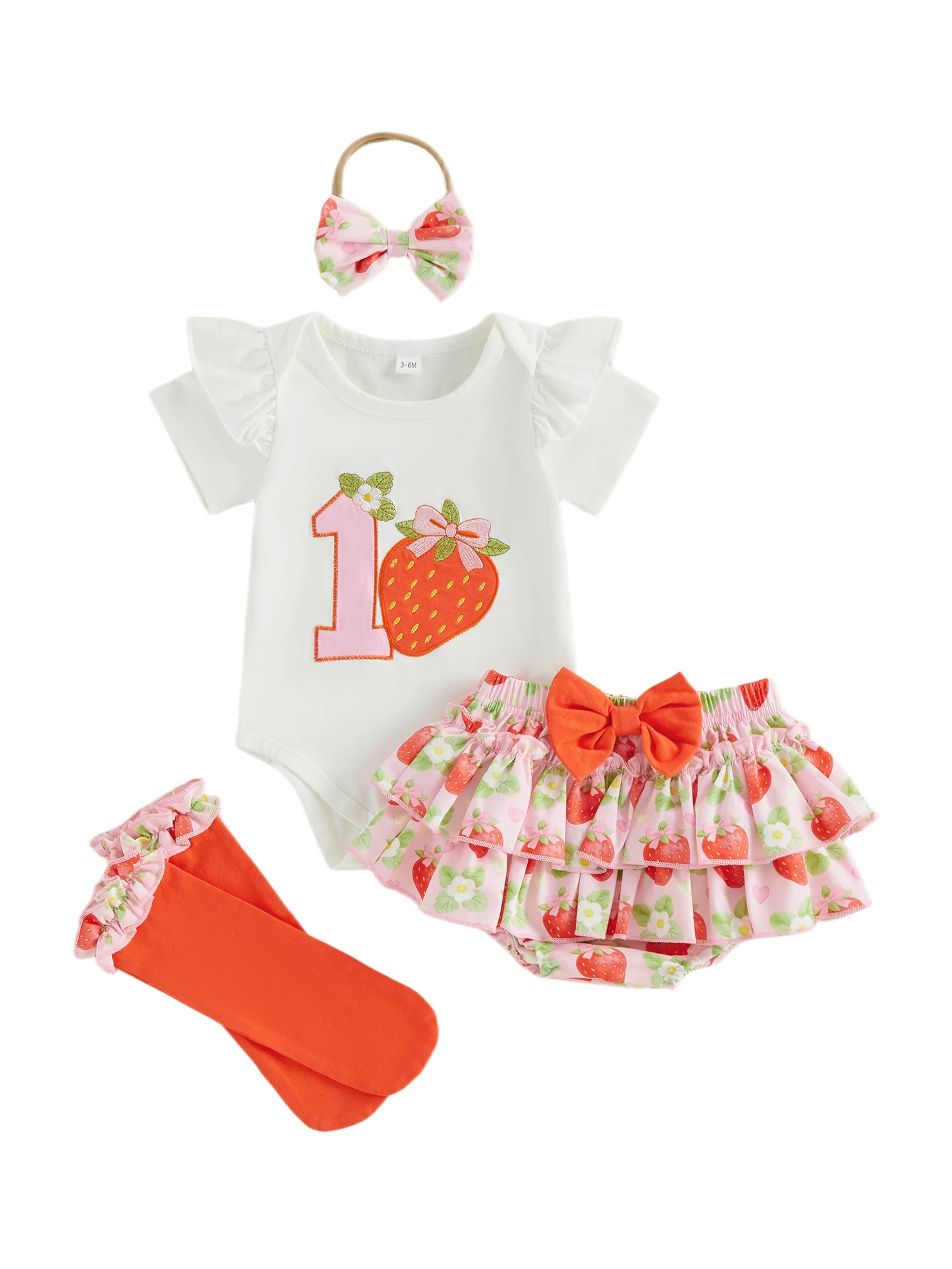 

Toddler Girl 1st Birthday Tutu Dress Set with Floral Print Long Sleeve Bodysuit Ruffled Bloomers Headband and Tights - 4